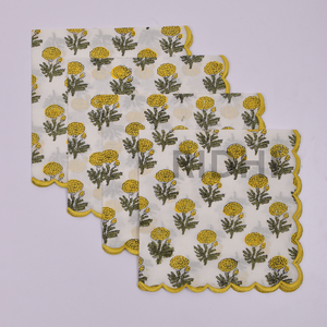 Serviettes de table en coton jaunes à motifs floraux imprimés à la main avec broderie, serviettes réutilisables faites à la main pour mariage, hôtel, approvisionnement en gros - Product Image 3