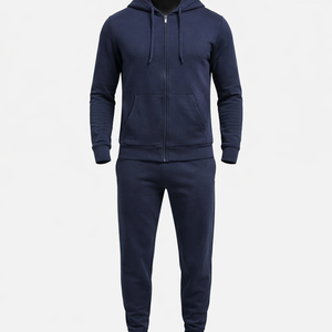 Conjunto de Sudadera con Capucha y Cremallera Azul Marino para Hombre, Ropa Deportiva Casual con Bolsillos Tipo Canguro, 100% Algodón, Invierno - Product Image 1