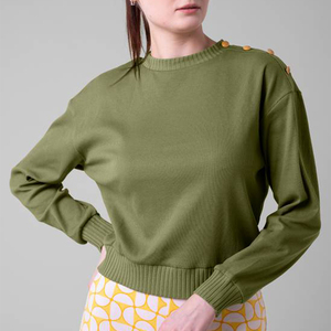 เสื้อสเวตเตอร์ถักคอกลมสีเขียวมะกอกสำหรับผู้หญิง แขนยาว ตกแต่งหมุด ประดับด้วยหมุด สำหรับฤดูใบไม้ร่วง สีพื้น ทรงปกติ - Product Image 1