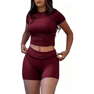 Women's <b>Red</b> Sporty 2-Piece Set Short Sleeve <b>Crop</b> <b>Top</b> High Waisted Shorts Solid Knitted Breathable Spring Summer - Product Image 5