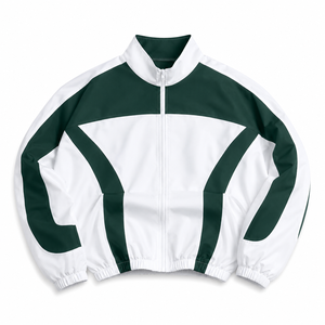 2026 Men's White Green Color Blocking <b>Racer</b> <b>Jacket</b> Stand Collar Zipper Closure Sporty Breathable Polyester Spring Wear - Product Image 1