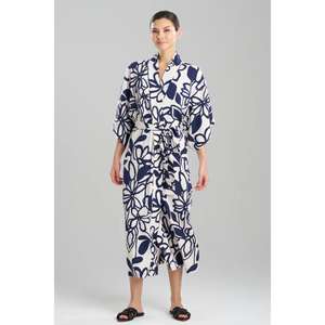 Kimono floral para mujer, vestido tipo bata, azul marino y blanco, estampado, con cinturón, ligero, largo hasta el suelo, cintura natural, ropa de dormir - Product Image 1