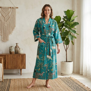 Emerald Green Jungle Print Cotton Kimono <b>Robe</b> <b>Women</b> Long Length Long Sleeves V Neck Drawstring Comfortable Nightwear - Product Image 4