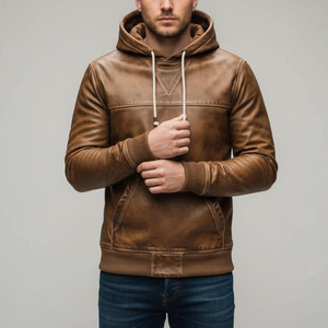 Veste d'hiver pour homme en cuir de vache véritable, col rabattu, logo sur le devant, écologique, coupe-vent, respirante - Product Image 3