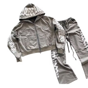 Ensemble survêtement gris à capuche pour femme, manches longues, fermeture éclair frontale, imprimé lettres, coupe ample, streetwear, automne, décontracté, sweat-shirt et pantalon - Product Image 1