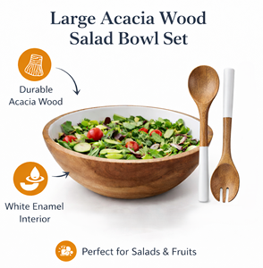 Juego de Ensaladera de Madera de Acacia de Lujo Premium de 30 cm con Revestimiento de Esmalte Blanco, Duradero, Libre de BPA, Ligero, con Servidores de Ensalada - Product Image 6