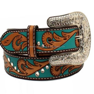 Ceinture d'outillage en cuir occidental à la mode pour hommes avec grain supérieur sur mesure avec feuille en relief sculpture à la main ceinture de cow-boy boucle de créateur - Product Image 6