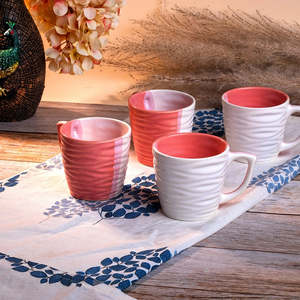 Classic Pink Textured Cylinder Ceramic <b>Cup</b> <b>Set</b> of 4 200ml Capacity with Gold Handle for Espresso - Product Image 5