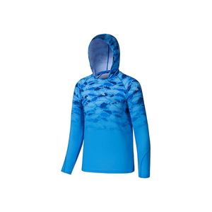Men's Blue Gradient Long Sleeve Hooded UPF 50 Sun Protection Fishing Shirt with Sunglasses Pocket - Product Image 4