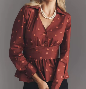Custom Print Dot Chiffon Blouse Shirt Long Sleeve V Neck Women Womens <b>Tops</b> - Product Image 1