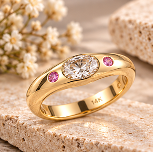 Anillo ovalado de moissanita en oro sólido de 14 quilates, anillo con acento de piedra preciosa rosa, joyería de lujo para compromiso y boda. - Product Image 6