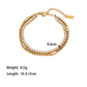Brazalete de Cadena Cubana de Doble Capa de Acero Inoxidable de Alta Calidad, Chapado en Oro de 18K con Circonitas, Brazalete Geométrico Moderno para Mujer - Product Image 4