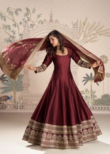 Traje Anarkali Moderno de Seda Vichitra con Bordado y Lentejuelas, Largo hasta el Suelo, Secado Rápido, Talla Única, para Mujer, para Fiestas y Bodas - Product Image 3