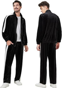 COMFORTABLE CASUAL MEN'S TRACK SUIT | SOLID BLACK VELOUR 2-PIECE OUTFIT | BREATHABLE ZIP JACKET PANTS <b>WHITE</b> <b>PANELING</b> LIGHTWEIGHT - Product Image 4