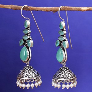 Bulk Order Wholesale <b>Oxidized</b> Silver Green Stone Fashion Dangle Earrings for Women Ready Stock Fast Shipping - Product Image 2