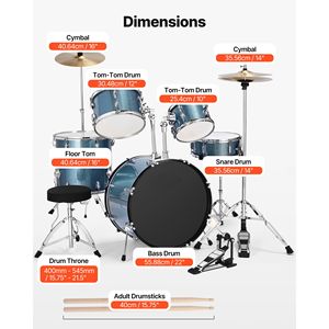 Set Batteria Jazz Junior 5 Pezzi con Tamburi da 22 Pollici, Sgabello Regolabile, Piatti e Bacchette - Ideale per Principianti - Product Image 2