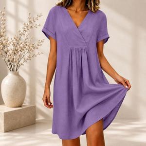 Robe trapèze décontractée d'été en coton 100% avec col en V et manches bouffantes, taille naturelle, silhouette fourreau, couleur unie, tissu respirant - Product Image 6