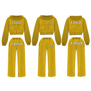 Ensemble sweat à capuche d'hiver 100 % coton pour femme, respirant, écologique, imperméable, séchage rapide, épaules tombantes, broderie, court, uni, coupe courte - Product Image 1