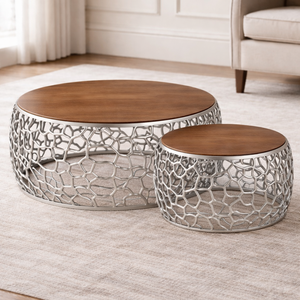Ensemble de table basse moderne en fer avec plateau en bois, design réglable pour salon - Product Image 1