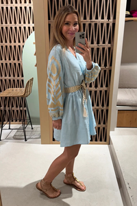 Robe longue bohème ample à col en V pour femme, bleu clair, brodée, manches 3/4, imprimé floral, à franges, été, plage, 100% coton - Product Image 4