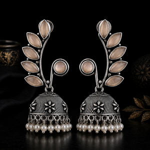 Monalisa Stone Antique <b>Silver</b> Plated Brass <b>Dangle</b> Jhumka <b>Earrings</b> with Lovers Design for Women Party Wear Trendy Style - Product Image 5
