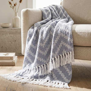 <b>Blue</b> Cotton Chevron Woven <b>Throw</b> <b>Blanket</b> 125x150 cm with Fringe for Armchair Sofa and Modern Coastal Home Décor - Product Image 2