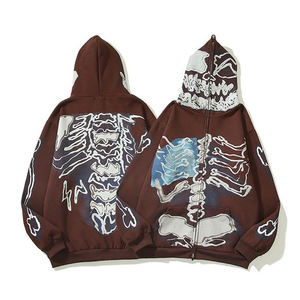 Sweat à capuche zippé surdimensionné gothique personnalisé brodé avec imprimé squelette intégral et motif crâne flamboyant en molleton 100% coton - Product Image 3
