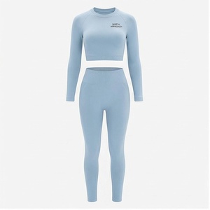 Ensemble de yoga 2 pièces North Approach : haut court à manches longues et leggings taille haute, bleu clair uni, sans couture, respirant, vêtements de sport - Product Image 1
