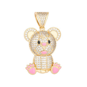 Pendentif Ours Mignon en Plaqué Or avec Moissanite Micro-Pavée et Émail Rose, Breloque Unisexe Animale Colorée pour Bijoux - Product Image 3