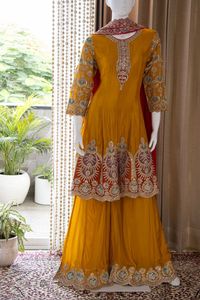 Traje Sharara Salwar/Palazzo de Seda Chinon con Bordado Intenso, Estilo Étnico Hindú Bollywood, para Mujer, Invierno/Verano - Product Image 3