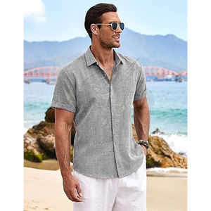 Chemises à manches courtes boutonnées pour hommes, gris, été, polos frais, coton, col montant, chemises brodées, t-shirt oversize - Product Image 5