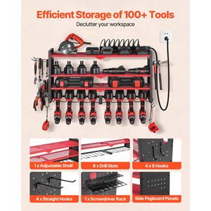 Organizzatore per Utensili a 4 Livelli con 8 Supporti, Stazione di Ricarica per Attrezzi Elettrici, Organizzatore da Parete per Garage con Pannello Forato Laterale - Product Image 4
