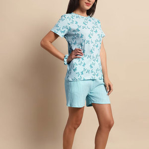 Women's Light Blue Butterfly Printed <b>Short</b> Sleeve <b>Top</b> <b>And</b> <b>Shorts</b> <b>Set</b> Casual Spring Summer Wear 100% Cotton Breathable Loose Fit - Product Image 2