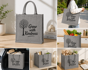 Grow With Kindness Tree Print Jute Shopping <b>Bag</b> <b>Medium</b> <b>Size</b> Zipper Closure Hand Length Handle Gray - Product Image 3