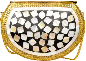 Modern Vintage <b>Clutch</b> Bag with Polished Mother of Pearl Mosaic Design Gold Chain Strap Evening Use Customizable Metal Crafts - Product Image 2