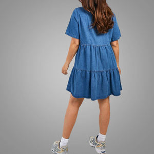 Plus Size Bodycon Natural Waist Eco-Friendly 220g Solid Knee-Length Denim Cotton Short Sleeve Casual <b>Button</b> Front Dresses - Product Image 3