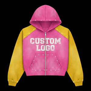 Felpa con cappuccio ricamata con logo personalizzato, in denim acid wash, con zip, patchwork e strass, oversize, taglio boxy, da uomo, con grafiche. - Product Image 2