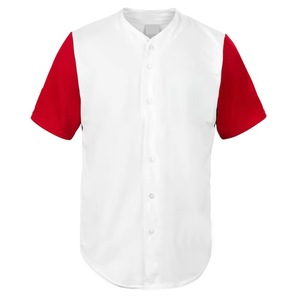 Maillot de baseball pour homme, blanc et rouge, à blocs de couleur, manches courtes, boutons sur le devant, respirant, en polyester - Product Image 1