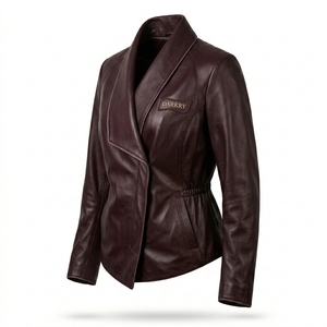 Burgundy Wine <b>Womens</b> Real Leather Wrap Coat Jacket Asymmetrical <b>Shawl</b> Lapel Gathered Waist Factory Hot Supplier - Product Image 4