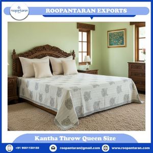 Natural Cotton Sanganer Kantha Queen Size <b>Throws</b> Hand Block Printed <b>Large</b> Width Handmade Indian Quilt Bedding Home Textile - Product Image 2