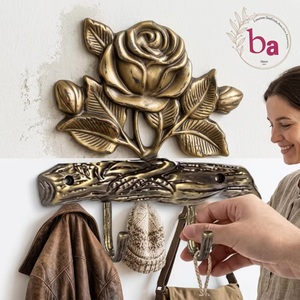Porte-manteau mural décoratif en fonte, fait main, motif floral vintage rose, 2 crochets, installation facile - Product Image 3