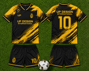 ชุดเสื้อฟุตบอลสีดำทองแบบซับลิเมชั่นพร้อมกางเกงขาสั้น ชุดกีฬาโพลีเอสเตอร์ระบายอากาศได้ดี สำหรับทีมฟุตบอล ชุดยูนิฟอร์มสำหรับผู้ใหญ่ - Product Image 6