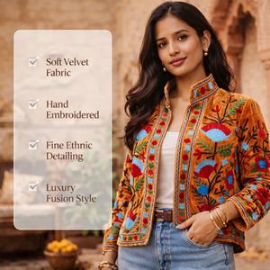 เสื้อแจ็คเก็ตกำมะหยี่สีน้ำตาลปักลายดอกไม้สีแดงเทอร์ควอยซ์  คอตั้ง  ซับในผ้าฝ้าย  มีกระเป๋าข้าง  เสื้อคลุมสำหรับผู้หญิง - Product Image 6