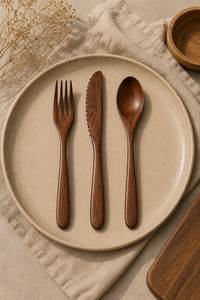 Juego de Cubiertos de Madera Orgánica para Servir Ensaladas, Tenedor, Cuchillo y Cuchara, Utensilios Ecológicos Hechos de Madera de Acacia, Herramientas de Cocina Manuales - Product Image 1