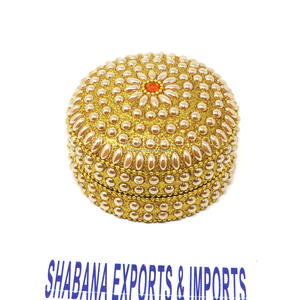 White Pearls Beaded Metal Jewelry Trinket Box for <b>Table</b> Top Jewelry Organize or <b>Storage</b> Trinket Box Made in India - Product Image 3
