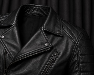 <b>Men's</b> Black Genuine <b>Leather</b> <b>Jacket</b> Turn-down Collar Zipper Closure Regular Sleeve - Product Image 3