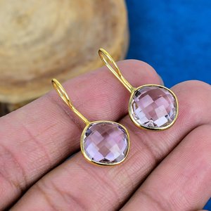 Boucles d'oreilles en améthyste rose naturelle, forme coussin, pierre précieuse, finition or 18 carats sur argent sterling 925 - Product Image 1
