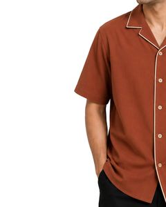 Customized <b>Rust</b> Brown Oversized Casual Men Shirt Contrast Piping Half Sleeve Cuban Collar Summer Streetwear Fashion <b>Top</b> Wear - Product Image 3