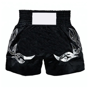 Premium <b>Black</b> Satin Muay Thai Shorts - Silver Tribal Wing Embroidery - Professional Kickboxing & MMA Training <b>Trunks</b>. - Product Image 1