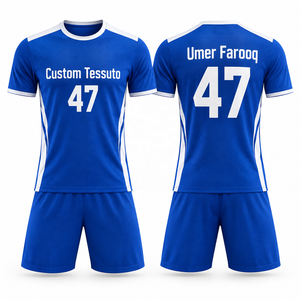 Ensemble de maillot et short de football TESSUTO bleu roi avec panneau latéral blanc, en jersey de polyester et spandex, col en V, personnalisable avec nom et numéro - Product Image 1
